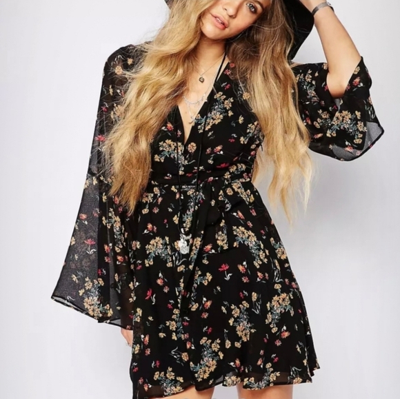 FREE PEOPLE Floral Boho Sundress with Plunge Neckline Bishop Sleeves LILOU LARGE - Picture 14 of 16